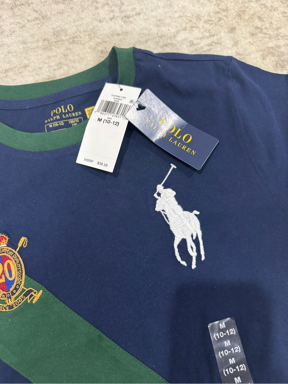 Polo Ralph Lauren Navy Tee with Green Diagonal Stripe Boys 10-12 - Picture 2 of 2